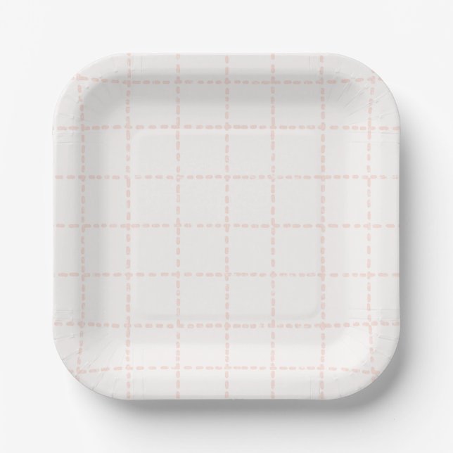 Watercolor Soft Pink Preppy Plaid Party Paper Plate (Front)