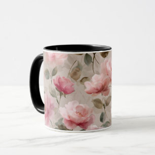 Watercolor Soft Pink Rose Beige Floral Pattern Mug