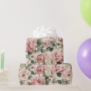 Watercolor Soft Pink Rose Beige Floral Pattern Wrapping Paper