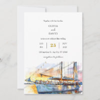 Watercolor Soft Sunset Sky Sailboat Beach Wedding