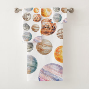 Watercolor Solar System Planets Outer Space Bath Towel Set