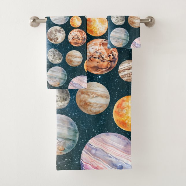 Watercolor Solar System Planets Outer Space Bath Towel Set (Insitu)