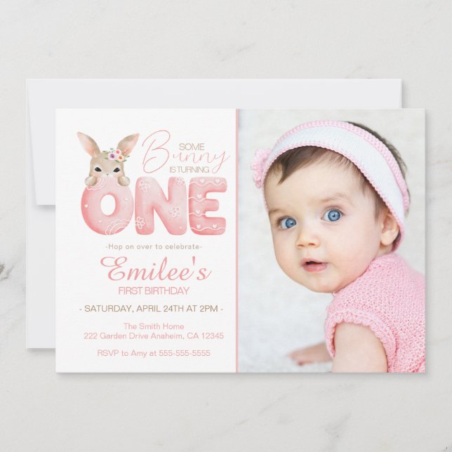 Watercolor Some Bunny is ONE photo Birthday  Invitation (Front)