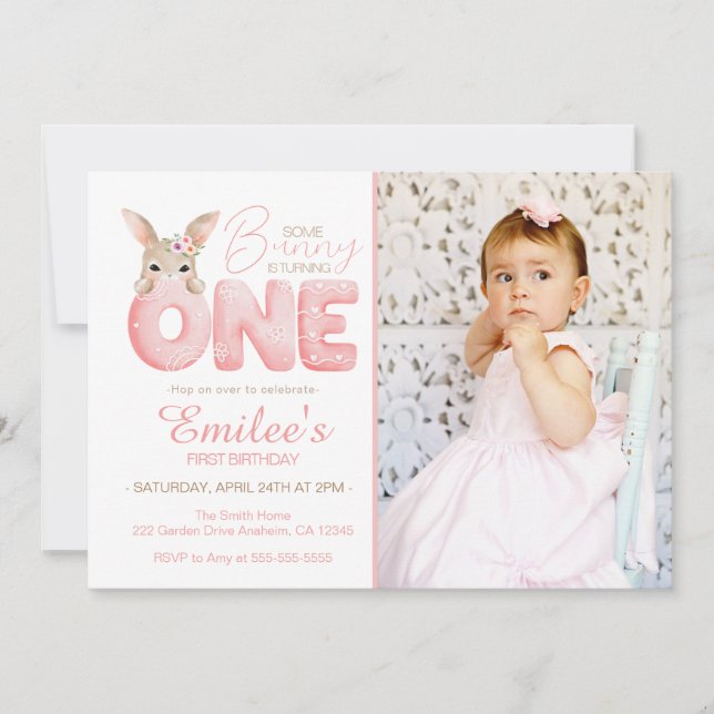 Watercolor Some Bunny is ONE photo Birthday  Invitation (Front)