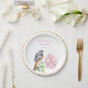 Watercolor Songbird and Rose Couple Shower Paper Plate