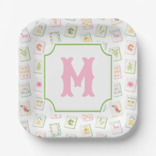 Watercolor Southern Summer Mahjong Tiles Monogram Paper Plate