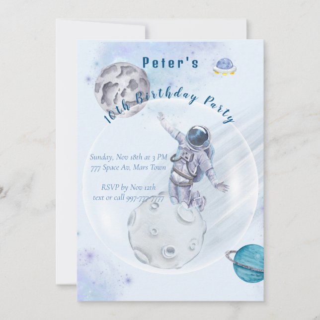 Watercolor Space and Astronaut Birthday invitation (Front)