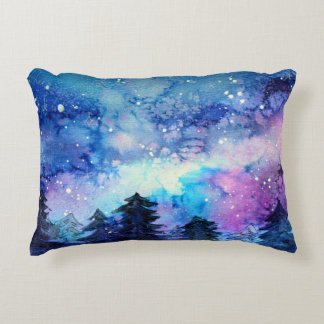 Watercolor Space Art: Night Sky Trees Accent Pillow