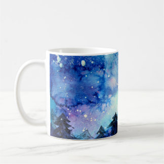 Watercolor Space Art: Night Sky Trees Coffee Mug