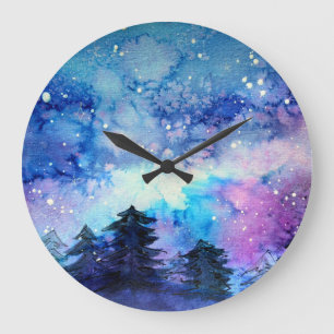 Watercolor Space Art: Night Sky Trees Large Clock