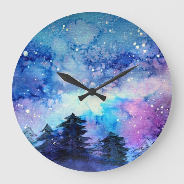 Watercolor Space Art: Night Sky Trees Large Clock (Front)