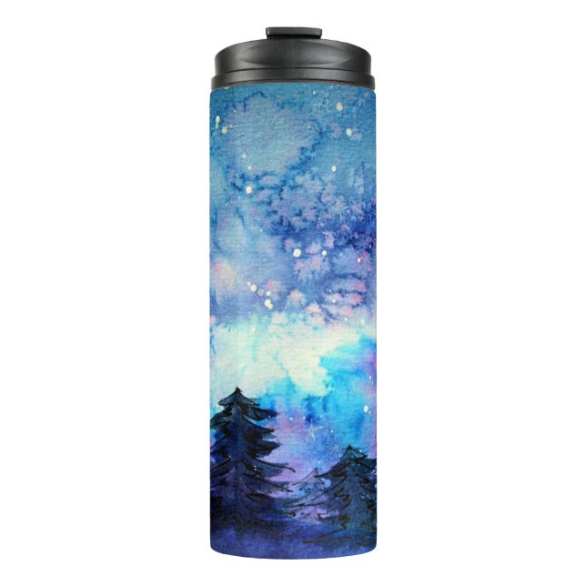 Watercolor Space Art: Night Sky Trees Thermal Tumbler (Front)