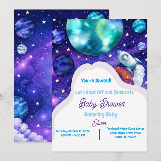 Watercolor Space Baby Shower Rocket Invitation (Front/Back)