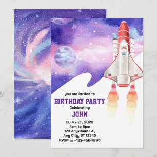  Watercolor Space Galaxy Astronaut Birthday  Invitation