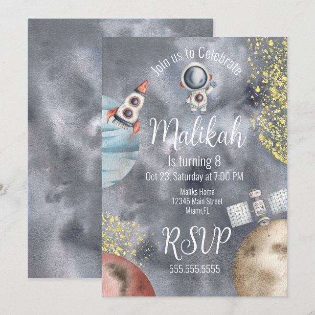Watercolor Space Galaxy Astronaut Birthday Party  Invitation (Front/Back)