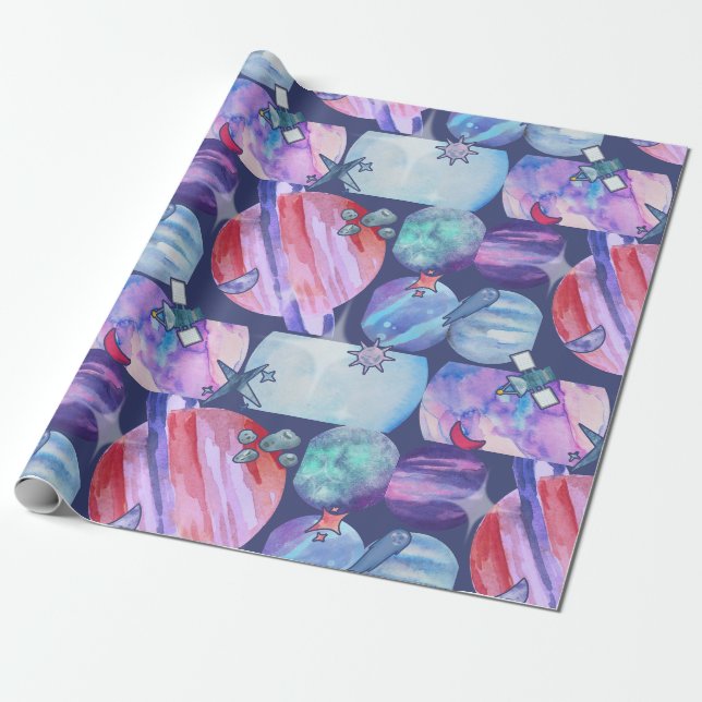 Watercolor Space Planets Pattern Wrapping Paper (Unrolled)