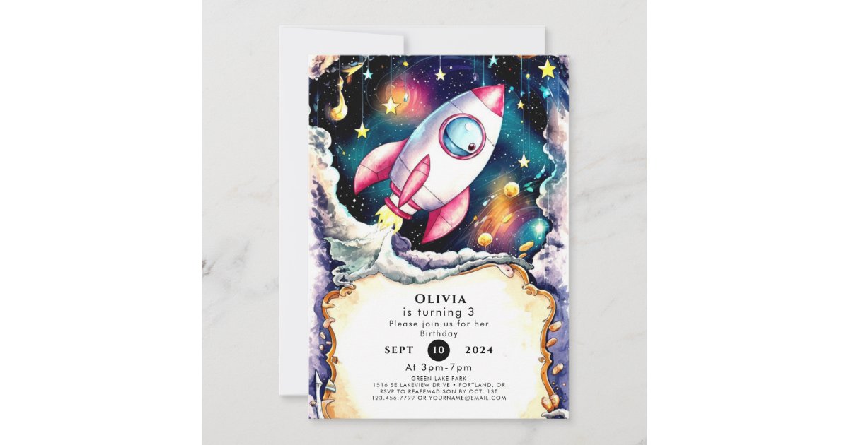 Rocket Inviation Watercolor Space Rocket Birthday Invitation | Zazzle