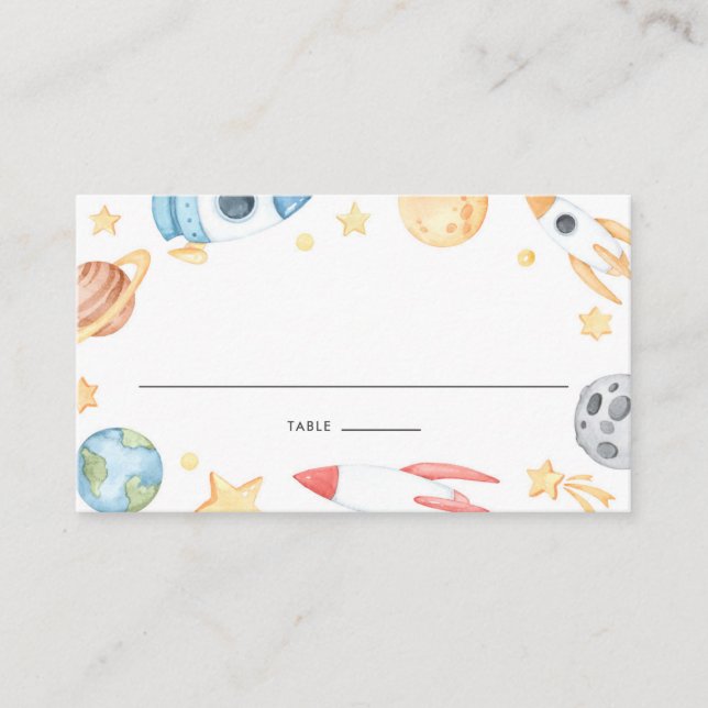 Watercolor Space Theme Birthday and Baby Shower Place Card (Front)