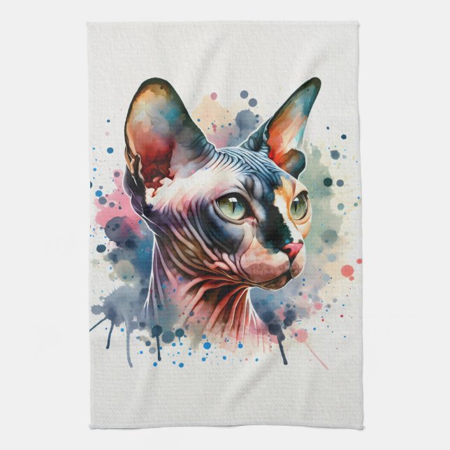 Watercolor Sphynx Cat Artistic Portrait Kitchen Towel (Vertical)