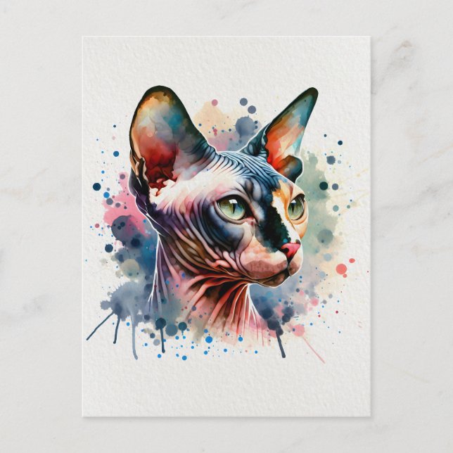 Watercolor Sphynx Cat Artistic Portrait Postcard (Front)
