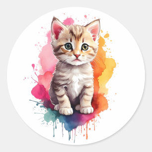 Watercolor Splash Art Kitty Cat Splatter Paint Classic Round Sticker