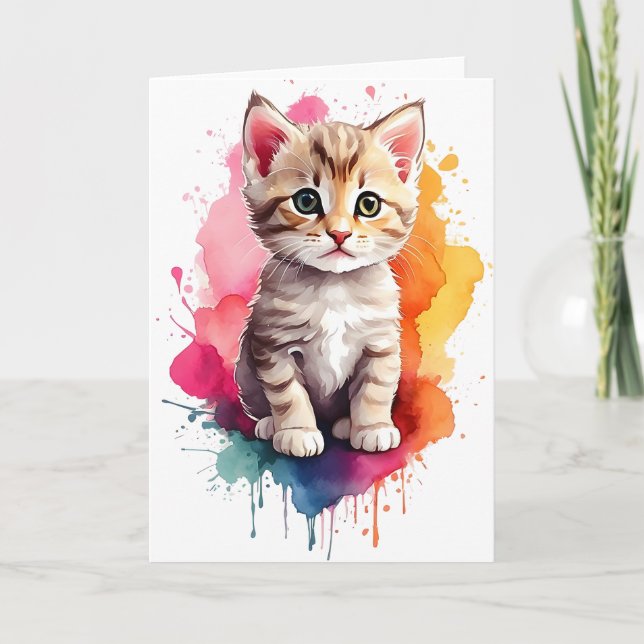 Watercolor Splash Art Kitty Splatter Paint Blank  Card (Front)