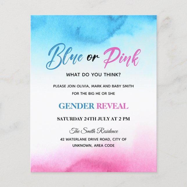 Watercolor splash baby gender reveal invitation (Front)