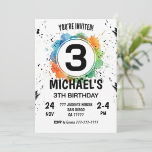 Watercolor Splash Boy 3th Birthday Invitation