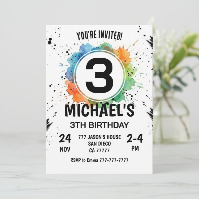 Watercolor Splash Boy 3th Birthday Invitation (Standing Front)