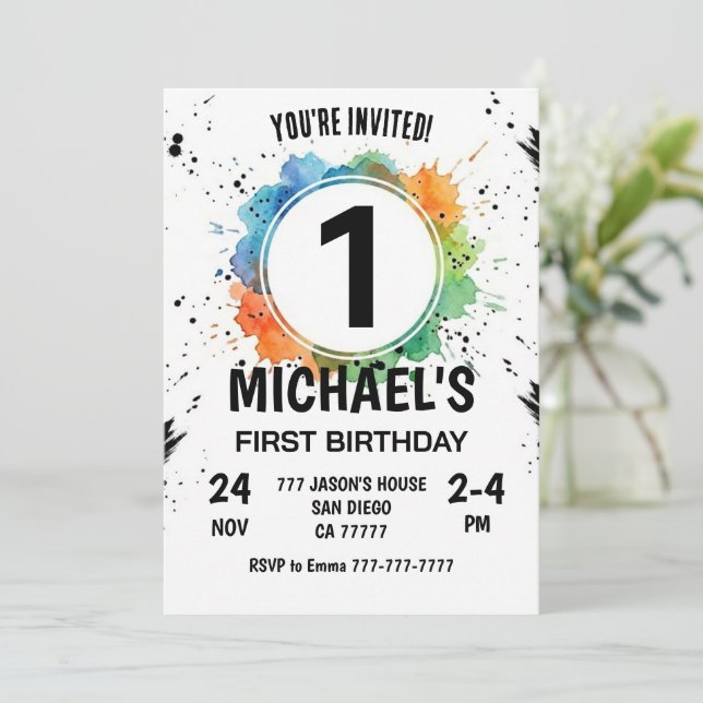 Watercolor Splash Boy First Birthday Invitation (Standing Front)