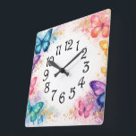 Watercolor Splash Butterfly and Glitter Girl’s Square Wall Clock<br><div class="desc">Create a stunning and elegant invitation with this watercolor butterfly glitter frame design. Featuring vibrant pastel butterflies in shades of blue, purple, pink, teal, and golden orange, accented with sparkling glitter splashes, this artwork surrounds a beautifully blank center space perfect for adding your own custom text. Ideal for birthdays, baby...</div>