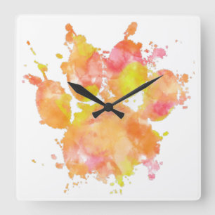 Watercolor Splash Dog Paw Print  Square Wall Clock