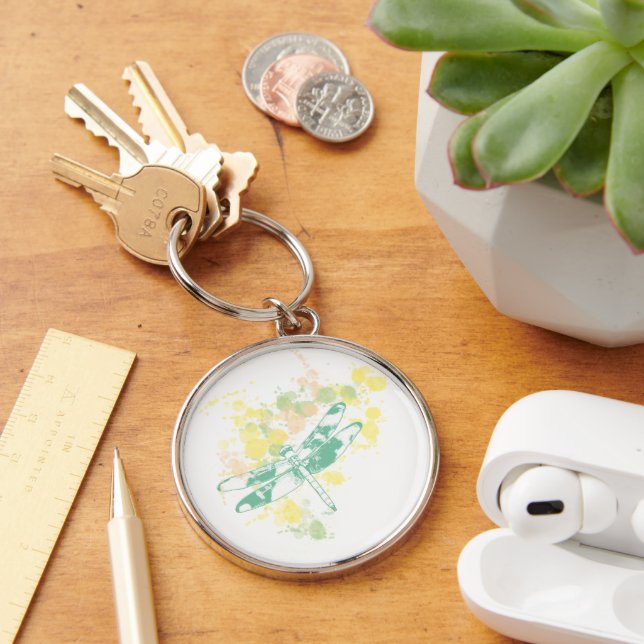 Watercolor Splash Dragonfly Premium Round Keychain (Desk)