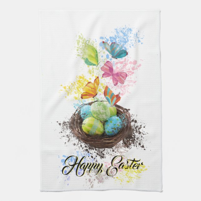 Watercolor Splash Easter Eggs Nest & Butterflies Kitchen Towel (Vertical)