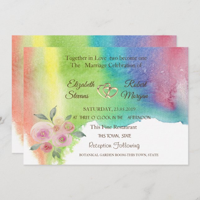 Watercolor Splash,Flower,Hearts Wedding Invitation (Front/Back)