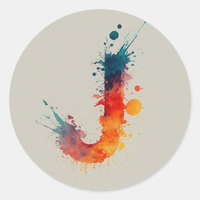 Watercolor Splash J Classic Round Sticker (Front)