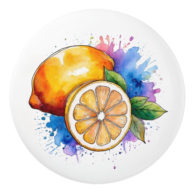 Watercolor Splash Lemons Ceramic Knob (Front)