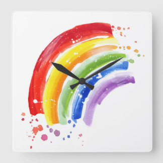 Watercolor Splash Rainbow Square Wall Clock