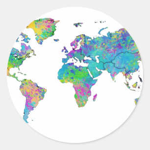 Watercolor Splashes World Map Classic Round Sticker