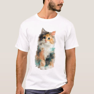Watercolor Splatter Fluffy Calico Cat Men T-Shirt