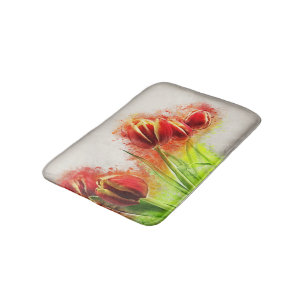 Watercolor Splatter Red Yellow Tulips Floral Bath Mat