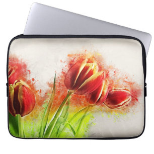 Watercolor Splatter Red Yellow Tulips Floral Laptop Sleeve