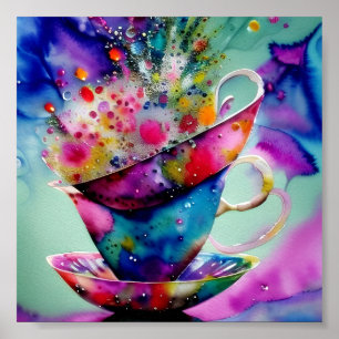 Watercolor splatter teacups poster