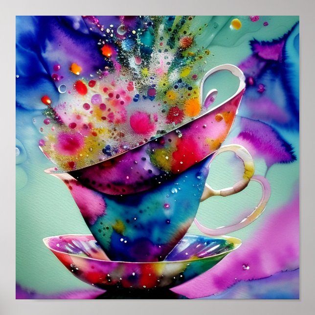 Watercolor splatter teacups poster (Front)