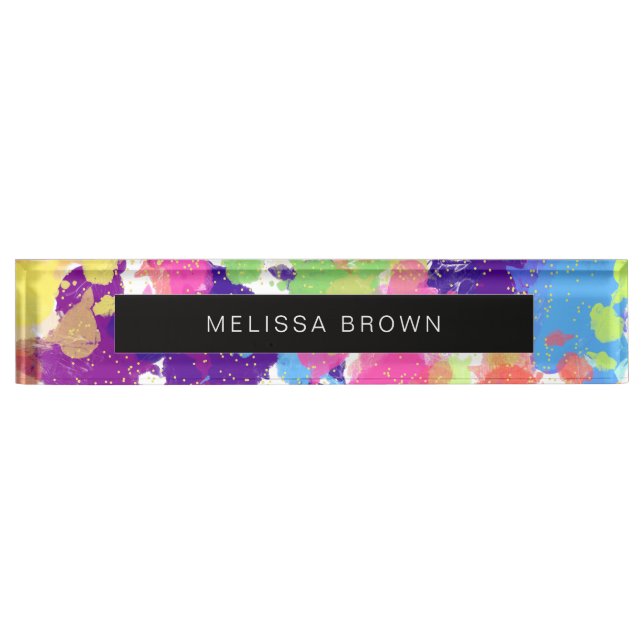 Watercolor Splatters Colourful Abstract Modern Nameplate (Front)
