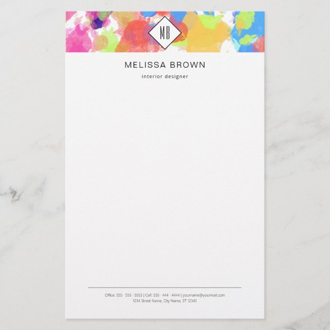 Watercolor Splatters Colourful Abstract Modern Stationery (Front)