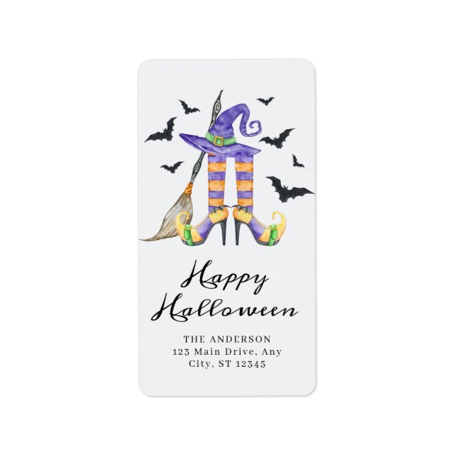 Watercolor Spooky Halloween Witch Legs and Hat Label (Front)