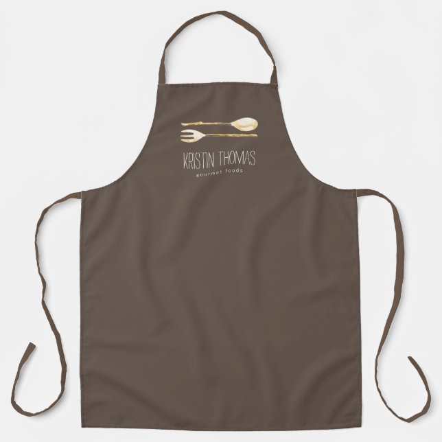 Watercolor Spoon and Fork Brown Apron (Front)