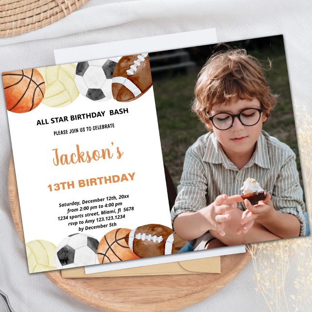 Watercolor Sports Anniversaire Invitation avec pho (Watercolor Sports Birthday Invitations with photo)