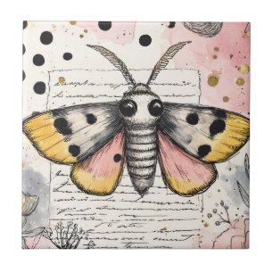 Watercolor Spotted Tiger Moth Pink Gold Boho Art 2 Tile